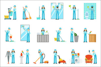 提供清洁服务在蓝色制服的工人设置的插图
